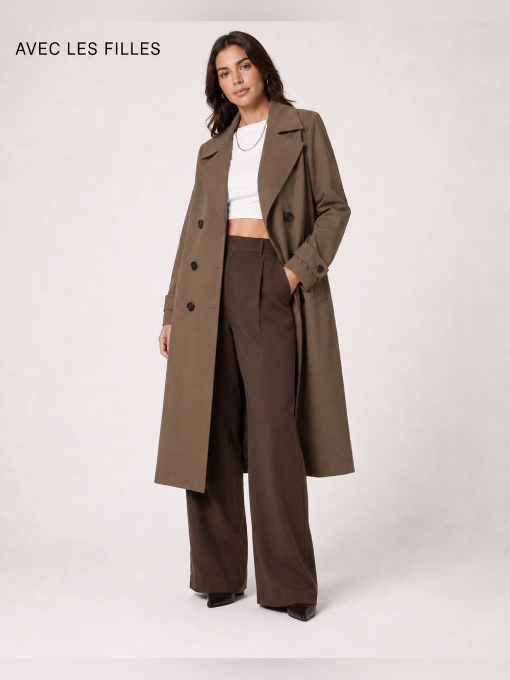 Avec Les Filles Stretch Crepe Double-Breasted Long Trench Coat Taupe Size M
